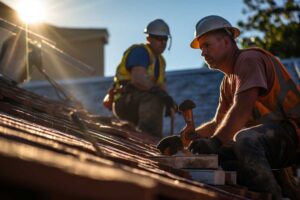 Inspector examines roof shingles and flashing beside a ladder while another person checks the attic below.